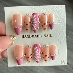 Handmade Pink & Nude Press-On Nail Set with Rhinestones